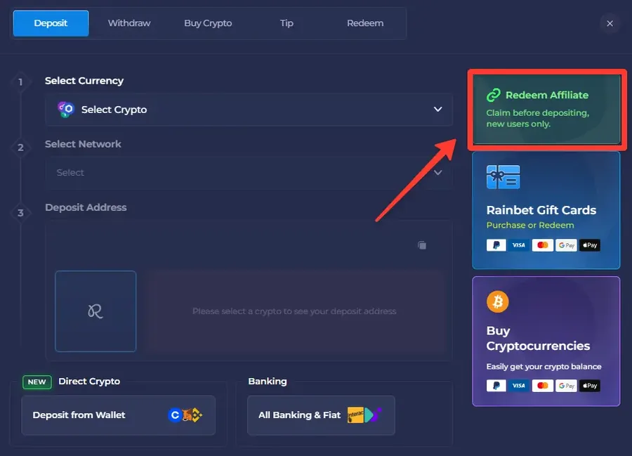 Rainbet Deposit window with the Redeem Affiliate panel highlighted on the right