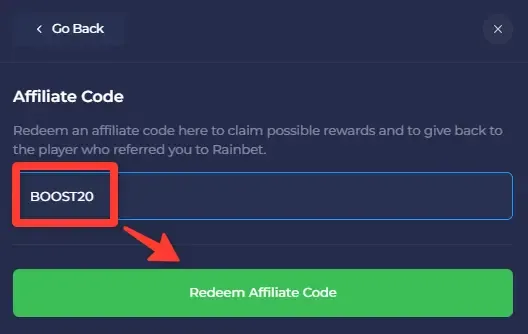Rainbet Affiliate Code field with BOOST20 entered above the Redeem Affiliate Code button