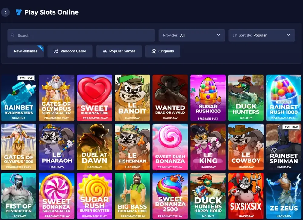 Rainbet slots lobby with search, provider filter and game tiles