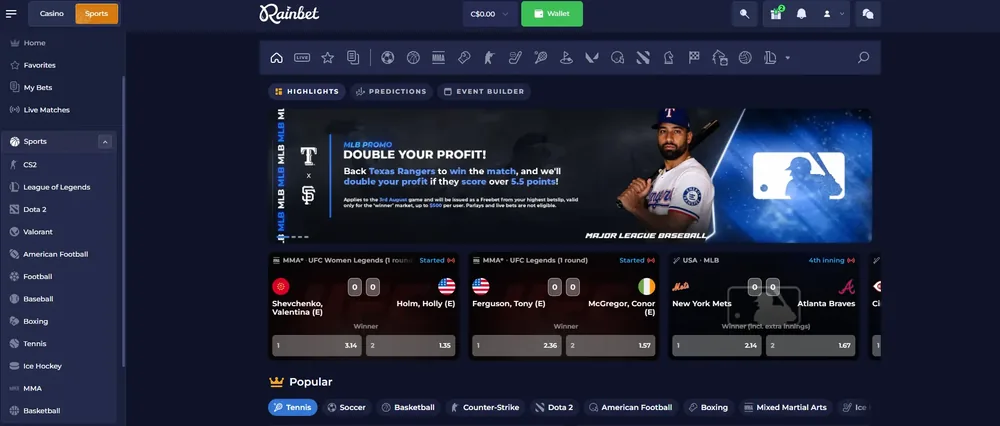 Rainbet sportsbook interface showing live matches and popular sports